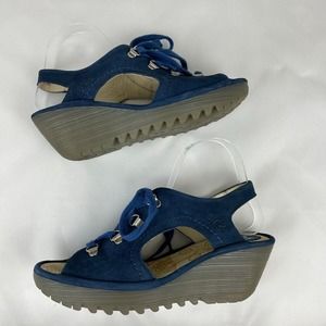 Fly London Shoes Womens 8 Blue Suede Lace Up Wedges Ylfa Wedge Sandals Ladies